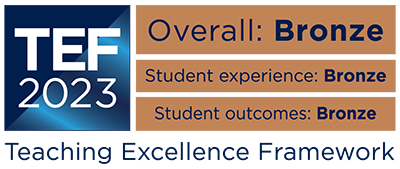 TEF 2023 outcome logo, showing that the overall rating is Bronze, the student experience rating is Bronze, and the student outcomes rating is Bronze
