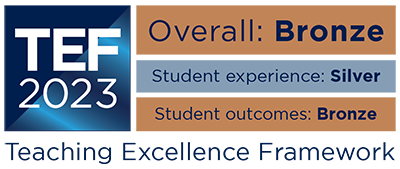 TEF 2023 outcome logo, showing that the overall rating is Bronze, the student experience rating is Silver, and the student outcomes rating is Bronze