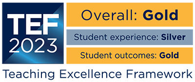 TEF 2023 outcome logo, showing that the overall rating is Gold, the student experience rating is Silver, and the student outcomes rating is Gold