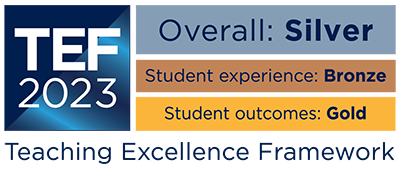 TEF 2023 outcome logo, showing that the overall rating is Silver, the student experience rating is Bronze, and the student outcomes rating is Gold