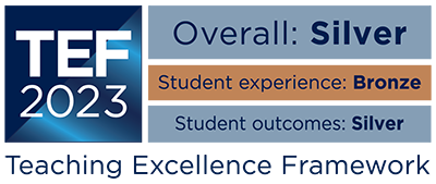 TEF 2023 outcome logo, showing that the overall rating is Silver, the student experience rating is Bronze, and the student outcomes rating is Silver