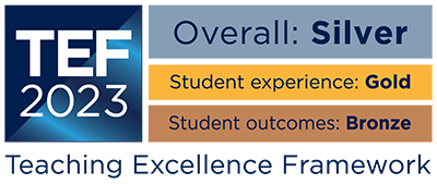 TEF 2023 outcome logo, showing that the overall rating is Silver, the student experience rating is Gold, and the student outcomes rating is Bronze