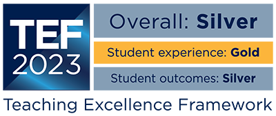 TEF 2023 outcome logo, showing that the overall rating is Silver, the student experience rating is Gold, and the student outcomes rating is Silver