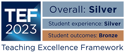 TEF 2023 outcome logo, showing that the overall rating is Silver, the student experience rating is Silver, and the student outcomes rating is Bronze