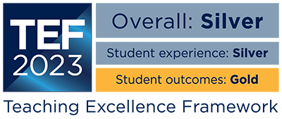 TEF 2023 outcome logo, showing that the overall rating is Silver, the student experience rating is Silver, and the student outcomes rating is Gold
