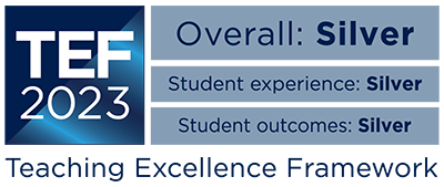 TEF 2023 outcome logo, showing that the overall rating is Silver, the student experience rating is Silver, and the student outcomes rating is Silver